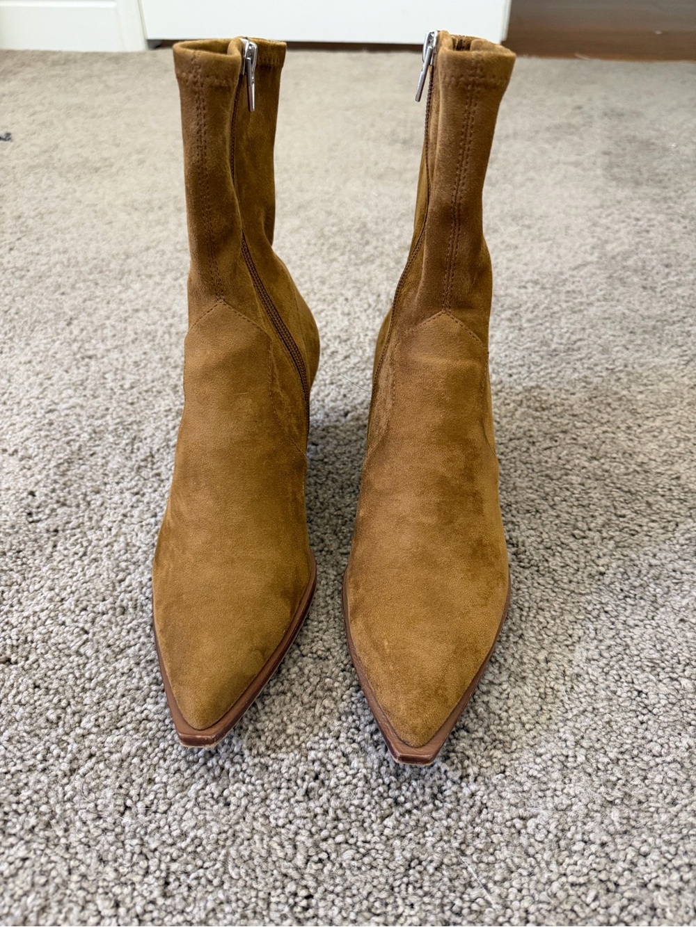 Dolce Vita Tan Suede Pointed-Toe Ankle Boots with Side Zipper